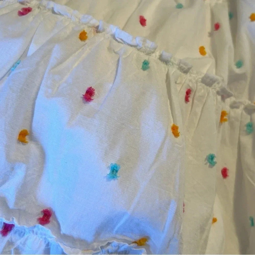 Crown And Ivy Girls Size XL Smocked Tiered Dress White & Multicolored Tassel Pom